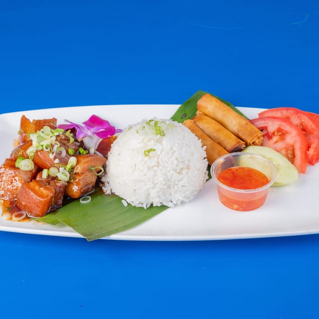 Braised Pork Belly with Lumpia Rice Plate.